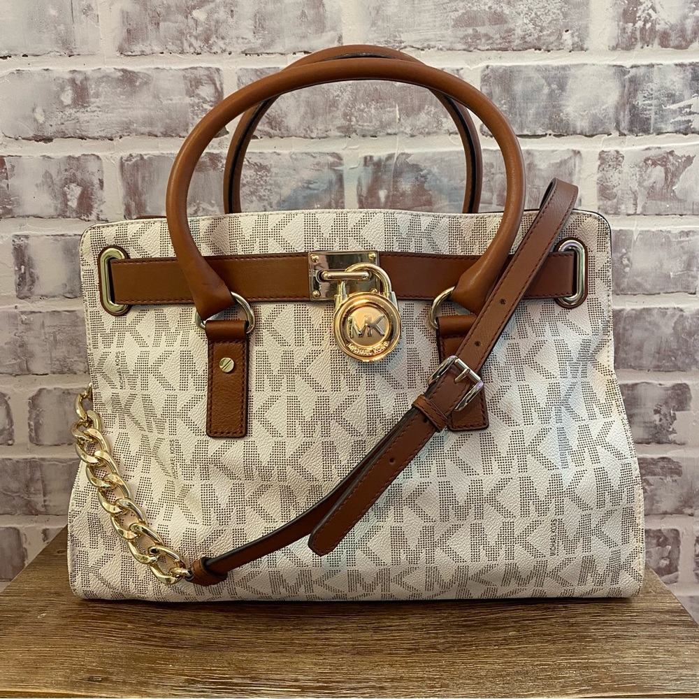 Michael Kors • Hamilton Logo Satchel • leather and Ivory Monogramed Tote